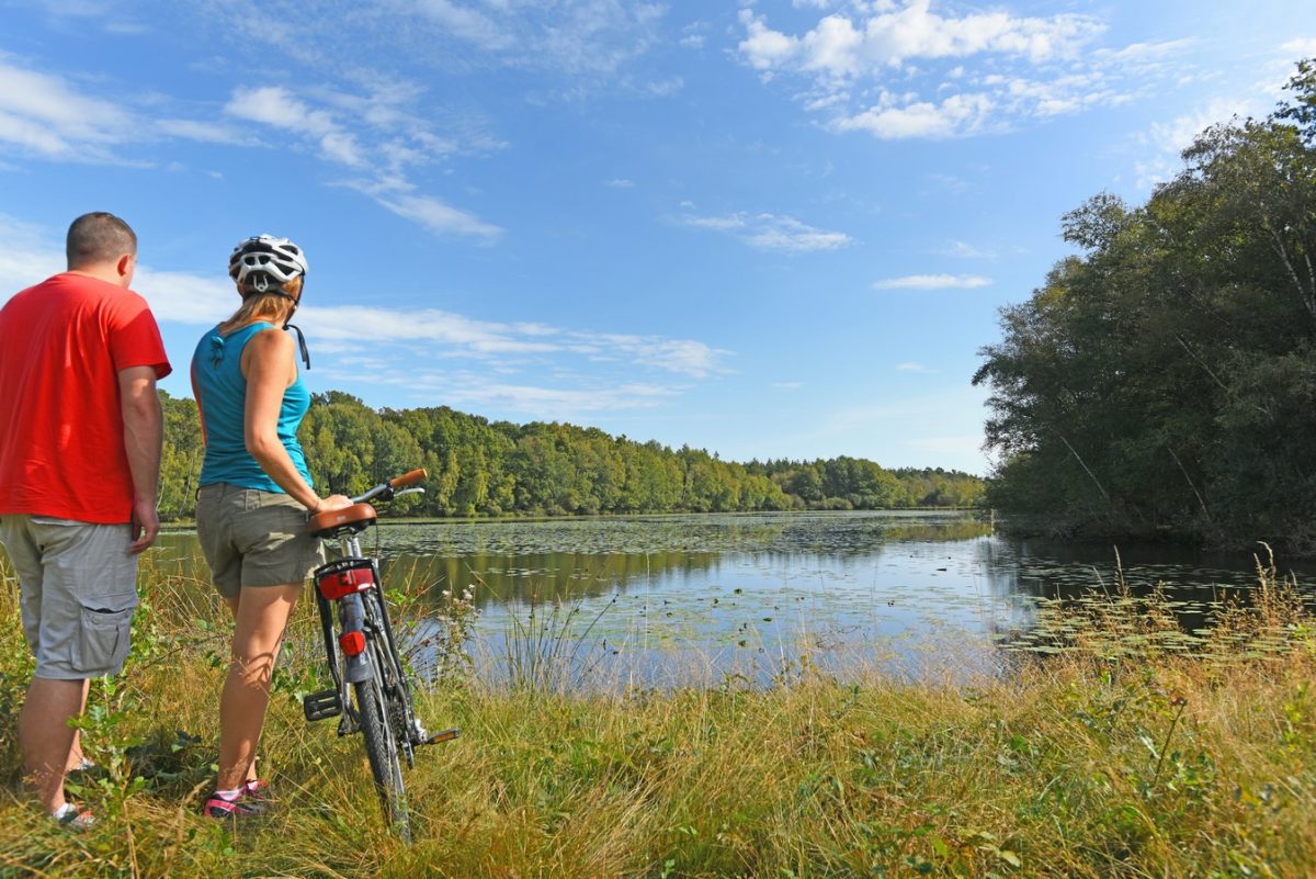 Cyclotouristes arrêtés au bord d'un étang de Sologne
