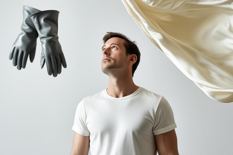 Photo d’une personne sur fond blanc qui regard en l’air une paire de gant et du tissus qui flottent au dessus de lui
